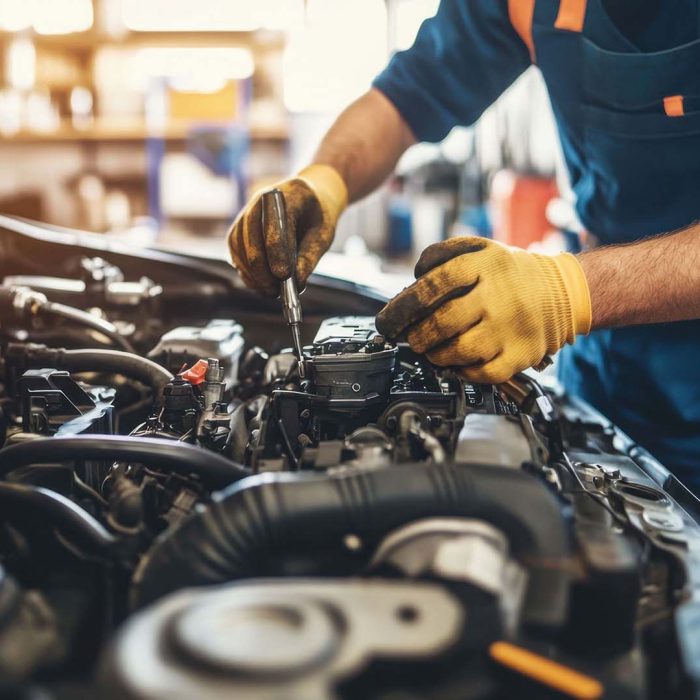 A mechanic working on a car engine in a well-equipped auto repai